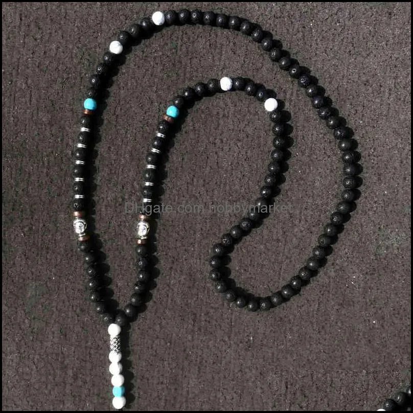 Mcllroy men`s and women`s stone necklace, black long bead Buddha Pendant, handmade custom jewelry, kolye ERKEK