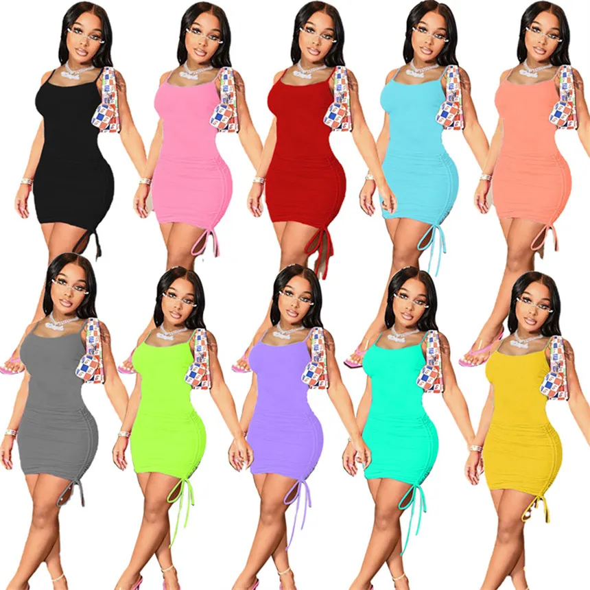 Frauen sexy Spaghetti-Trägerkleider Sommerkleidung einfarbig rückenfreie Miniröcke Mode Clubwear Briefdruckkleid 5418
