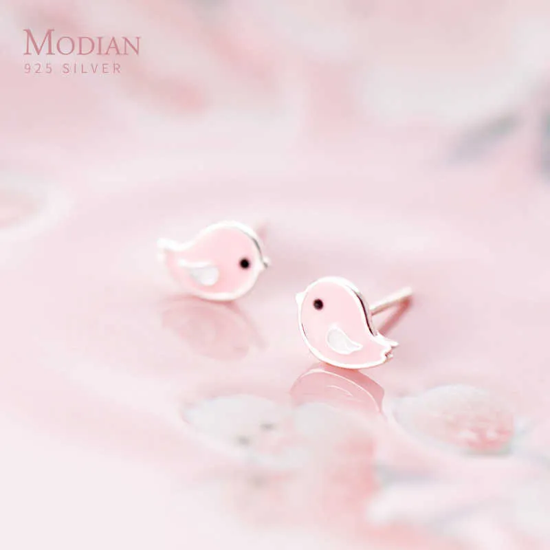 Romantico adorabile smalto rosa uccelli orecchini d'argento minuscolo moda 925 orecchino animale per le donne gioielli 210707