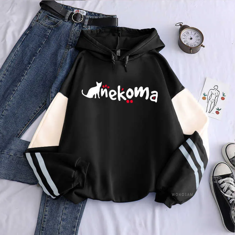 Harajuku Anime Haikyuu Nekoma Print Hooded Sweatshirts Dames Grappige Cartoon Kawaii Grafische Meisjes Koreaanse Mode Zoete Leuke Hoodie Y0804