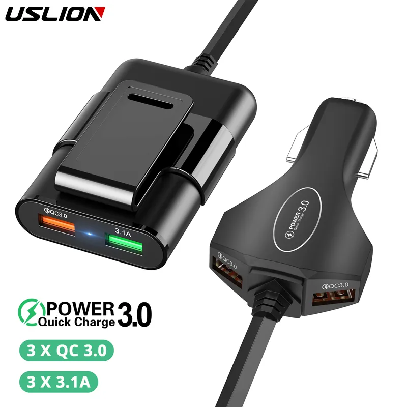 USLION Multi USB 4 Port QC 3.0 Car Charger Quick Charge Phone Fast Front Backseat Clip Charging Adapter Portable Plug For iPhone