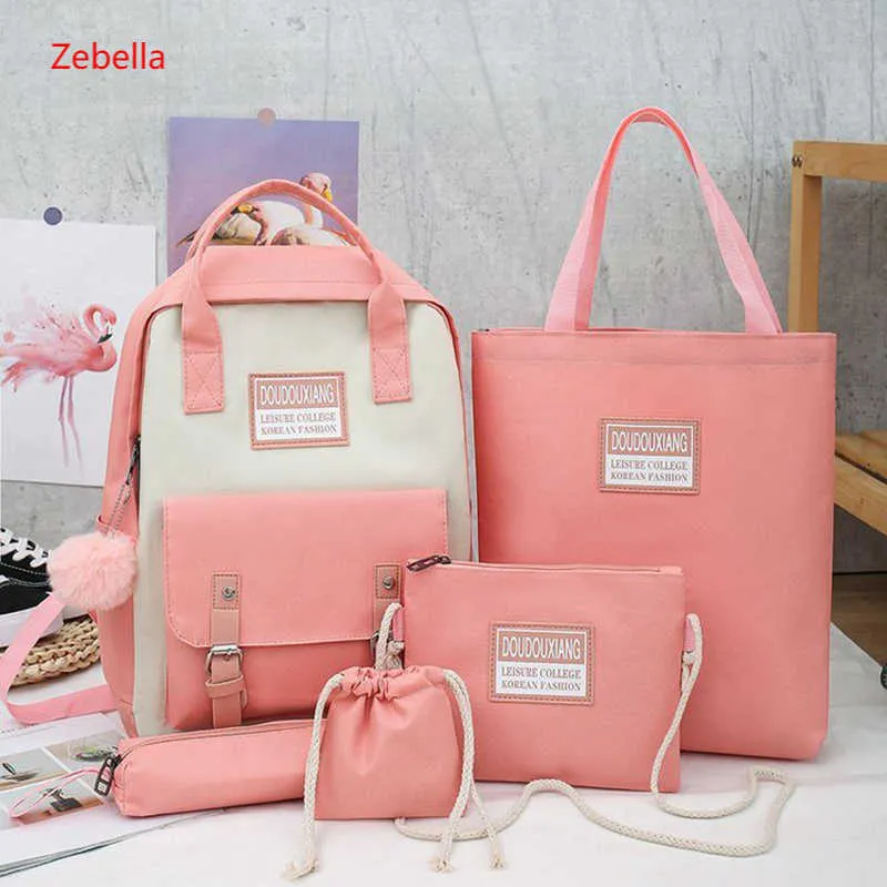 Zebella 5 Piece Set Anti-Theif Soft Back High School Torby dla nastolatek Dziewczyny Płótno Podróży Zipper Backpack Kobiety Bookbags X0529