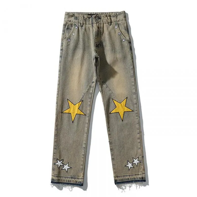 Men's Jeans High Street Five Stars Embroidery Retro Casual Mens Harajuku Straight Washed Oversize Loose Denim Trousers Graphic Pants