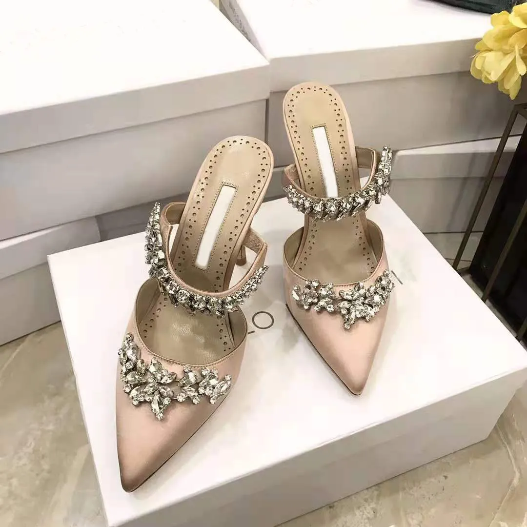 Italy Shoes Fashion Pumps Lurum Champagne Satin Crystal Embellished Mules Wedding Party 90mm Heel Jewel Leaf