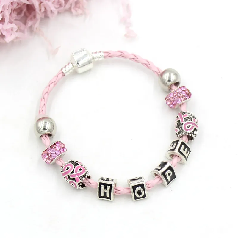 Nouvelle Arrivée PU Cuir avec HOPE Perle Ruban Rose Cancer Du Sein Bracelets Pour Femmes Cadeaux En Gros Sensibilisation Bijoux DIY Bracelets Interchangeables