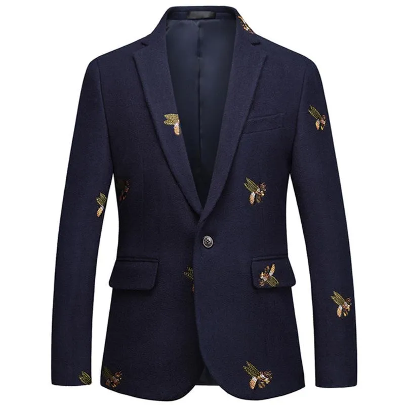 Bee borduurwerk blazer slim fit masculino abiti uomo bruiloft prom tweedwol voor mannen stijlvolle pak jas