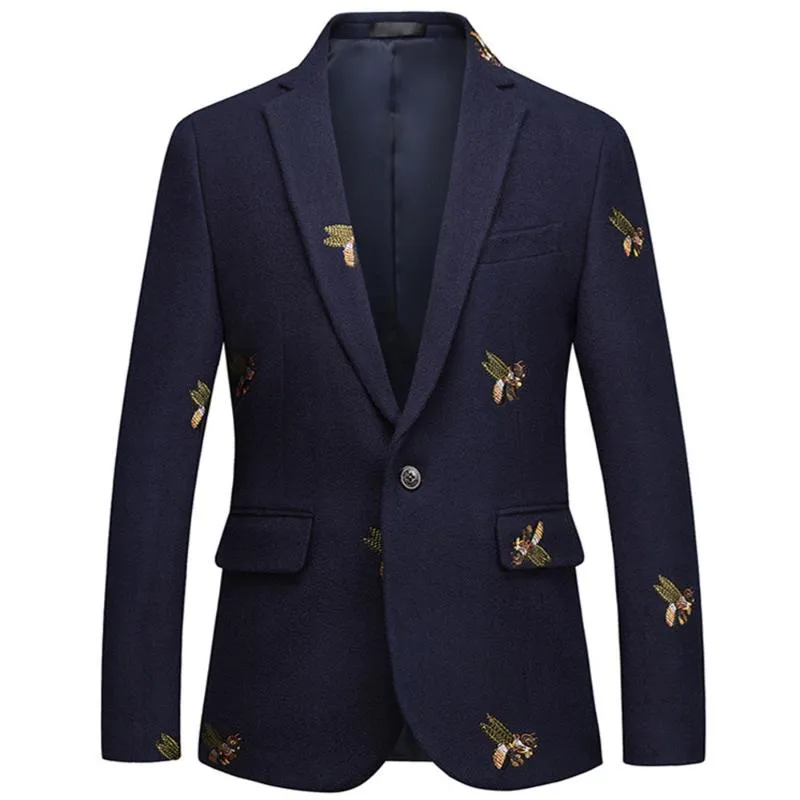 Bee Brodery Blazer Slim Fit Masculino Abiti Uomo Wedding Prom Tweed Ull För män Snygg kostymjacka