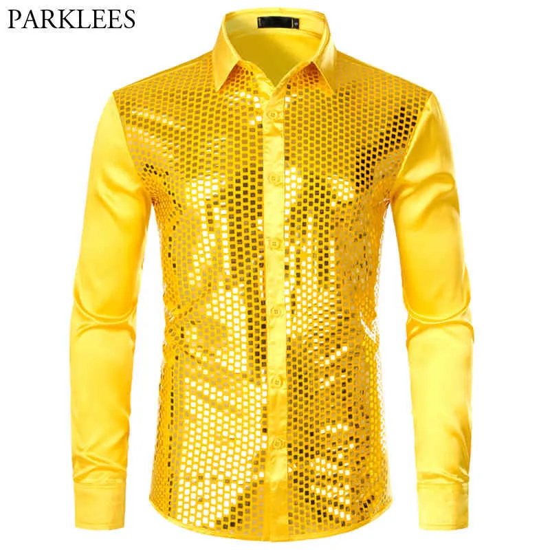 Smooth Silk Men Shirt Shiny Plaid Sequin Gold s Fashion Glitter Dress s Prom Long Sleeve 210524