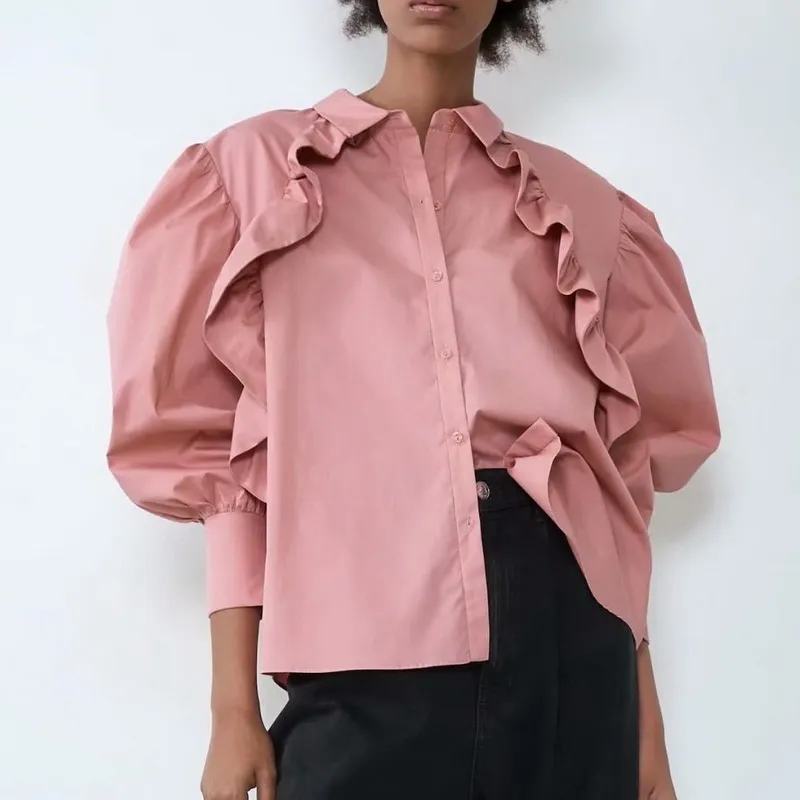 Mulheres Ruffle Camisa Mola Moda Manga Longa Poplin Soft Pink Tops Moderna Senhora Solta Blusa 210602