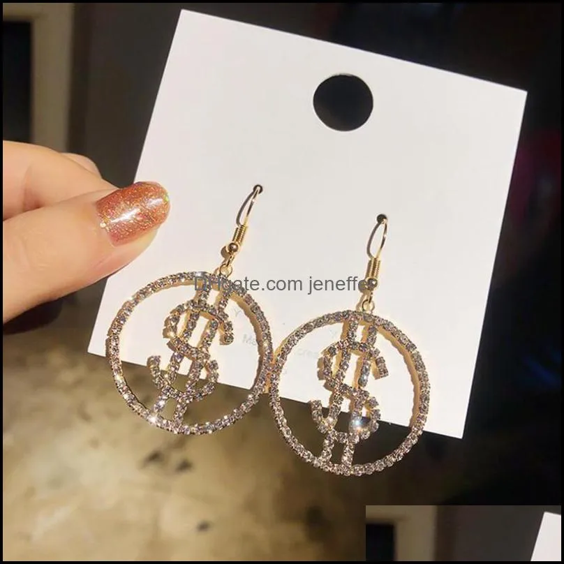Dangle & Chandelier Shiny Crystal Drop Earrings For Women Luxury Money Sign $ Rhinestone Jewelry Design US Dollar Earring