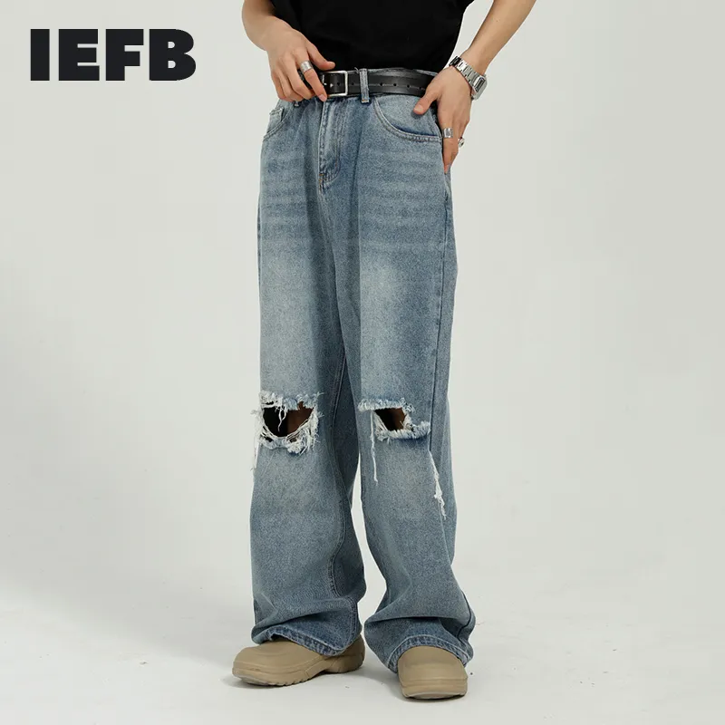 IEFB été Hip Hope bleu jean tendance coréenne lâche personnalité trou décontracté jambe large jean hommes Denim pantalon 9Y7355 210524