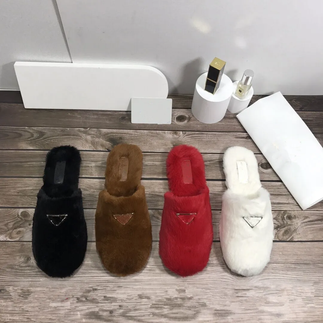 designers kvinnor damer ull glidor vinter triangel bokstäver spänne tofflor päls fluffig furry varm bekväm fuzzy tjej flip flop slipper mules platta skor sandaler