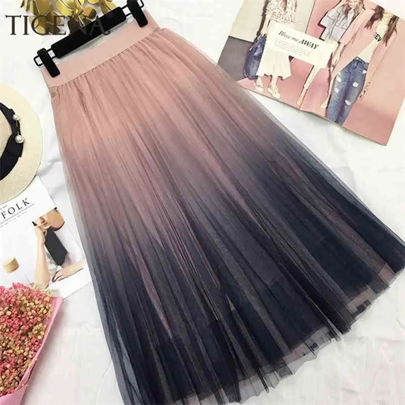 Tigena belle couleur dégradé longue jupe en tulle coréen a-ligne taille haute plissée maxi jupe femme école jupe filles 210730