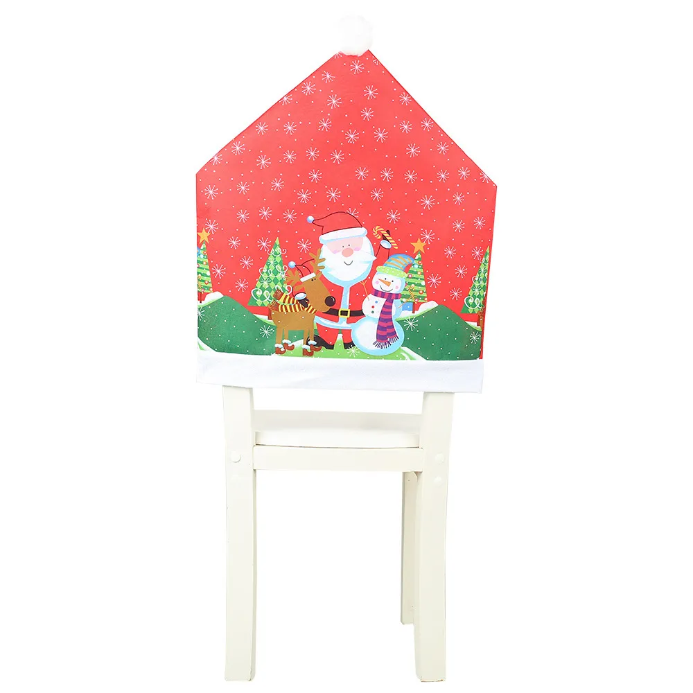 Cartoon Santa Snowman Print Christmas Chair Cover Avtagbar Tvättbar Sitstädning Täckt Tillbaka Täcker Nyår Xmas Middag Party Supplies HH0023