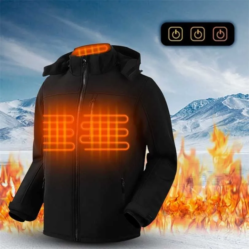 Mannen verwarmde jassen Volledige rits Zwarte jassen met capuchon met pocket winter outdoor warme usb verwarming waterdichte bovenkleding 211214