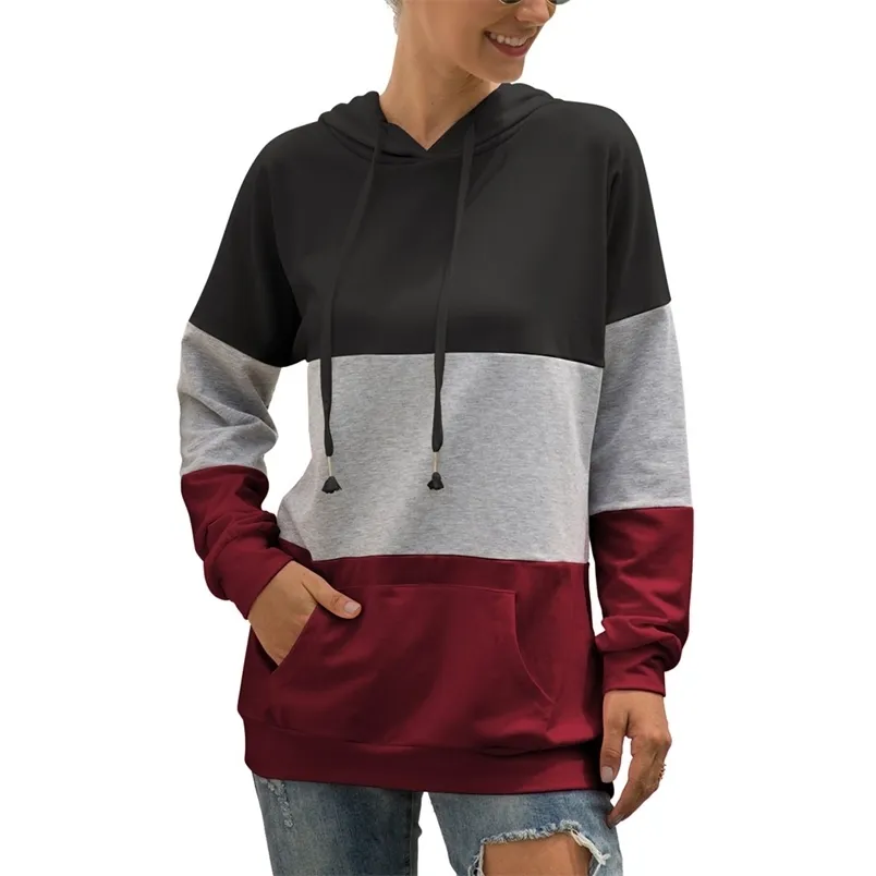 Color contraste Patchwork sudaderas con capucha abrigo con cordón Otoño Invierno moda suelta Casual manga larga sudadera 210522