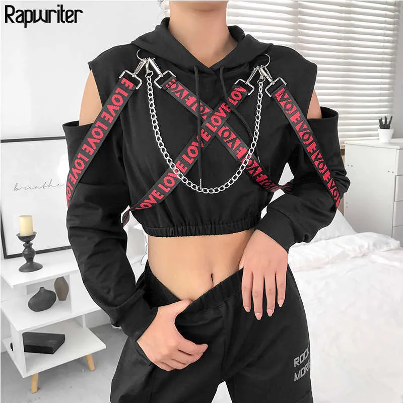 Rapwriter Casual Metal Chain Patchwork Letter Ribbon Long Sleeve Hoodies Women Fall Winter Black Harajuku Pullover Crop Top T200402