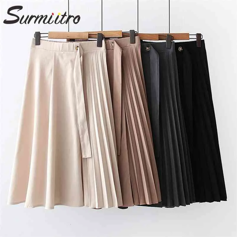 Frühling Sommer Mode Split Midi Rock Frauen Koreanische Stil Schwarz Khaki Hohe Taille Büro Gefaltete Lange Weibliche 210421