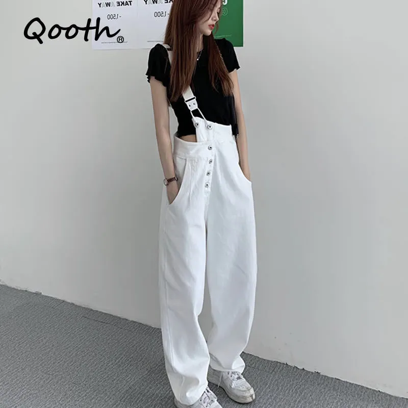 Qooth Spring Autumn College Style One-Shoulder Cross-Body Jeans Loose Women's Trousers Wide-Leg All Sizes QT508 210518