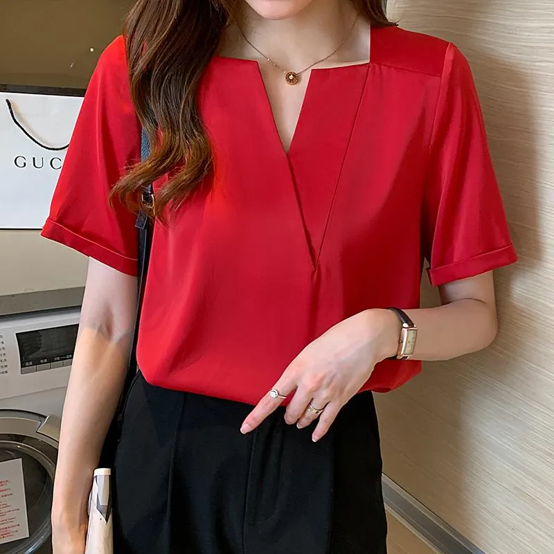 Women's Blouses & Shirts Simple Solid Elegant 2021 Summer Red Shirt Short Sleeve Fashion Loose Woman Chiffon Blouse Drop V-Neck Ladies Tops