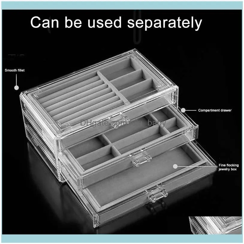 Jewelry Pouches, Bags Clear Box Acrylic Velvet Organizer For Women With 3 Drawers Ring Earring Necklace Bracelet Holder Display Stand