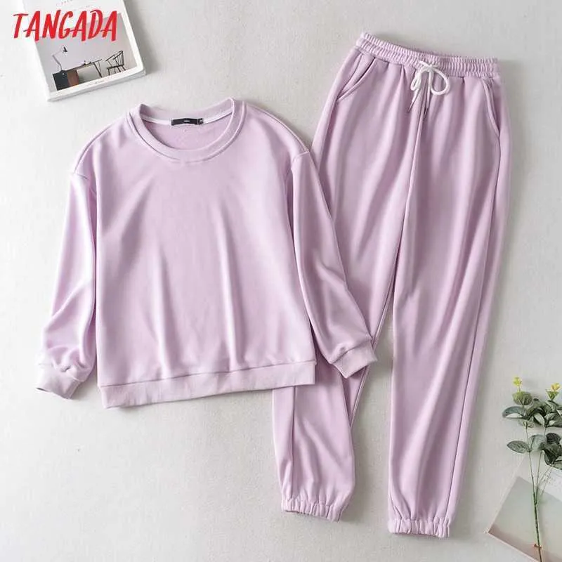 Tangada Mulheres Tracksuit Feminino Conjuntos Oversized Algodão Terno 2 Peças De Sets Sólido Roxo Hoodies Moletom Calça Calças Ternos JA514 210609