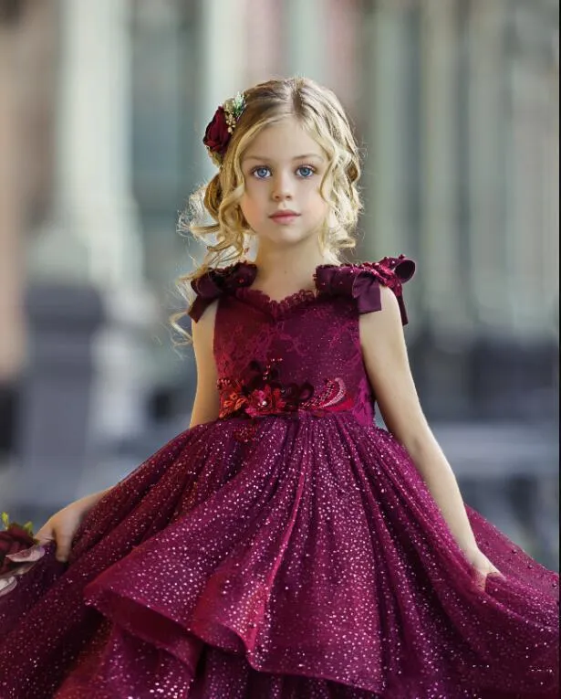 Robes de fille brillant paillettes Pageant robe violette pour enfants robe de bal à plusieurs niveaux fleurs faites à la main formelle fleur fille robes de mariage