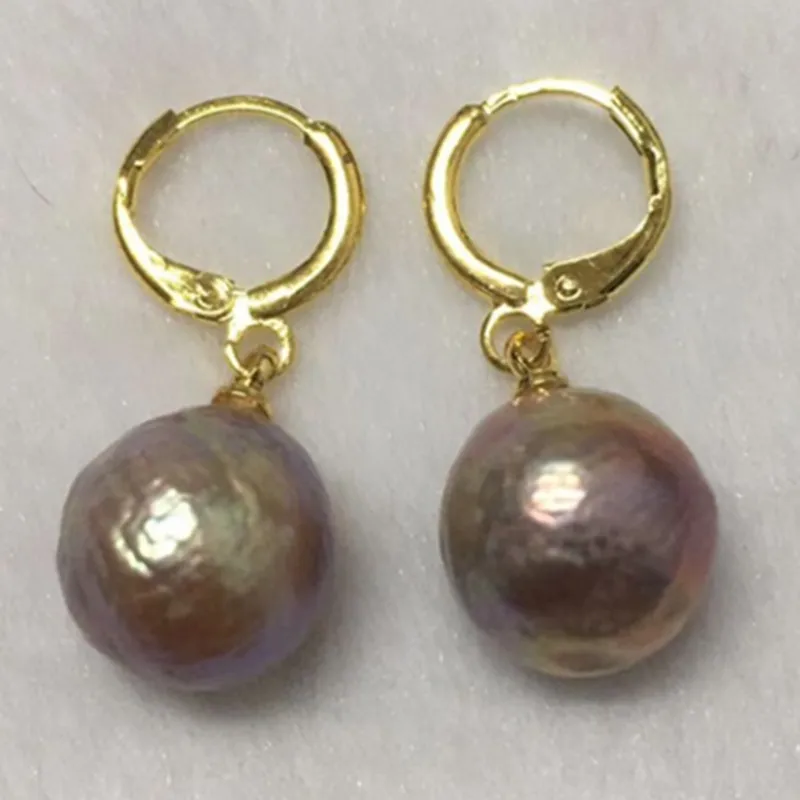 13-16 mm巨大なバロック様式の南海のパールイヤリング18K Twopin Violet紫の魅惑的なDangler Earbob AAA