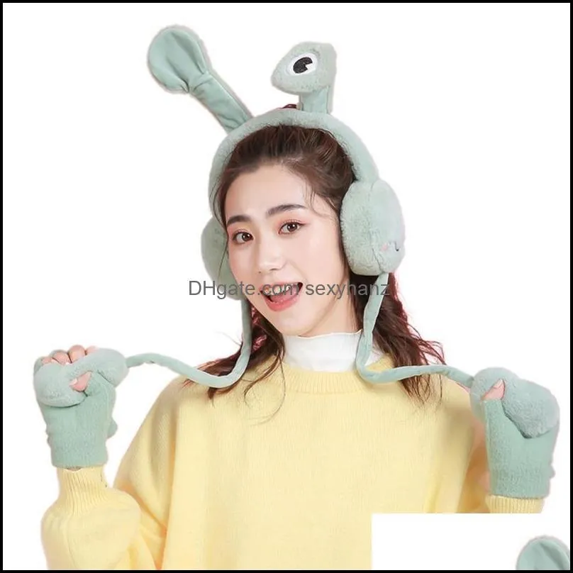 Berets Null Adult Kids Parent-Child Winter Cartoon Earmuff With Moving Jumping Frog Eyes Funny Animal Plush Headband Cosplay Party Ear
