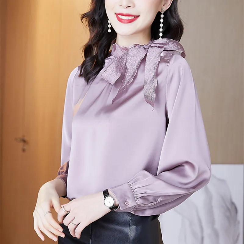 Koreanische Seide Frauen Hemd Satin Blusen Langarm Shirts Tops Frau Fliege Top Plus Größe 210427