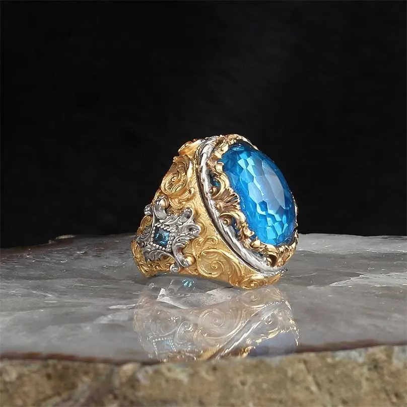 Anello da uomo placcato oro Argento sterling 925 Topazio blu con pietre preziose Gioielli maschili per gioielli da donna 211217