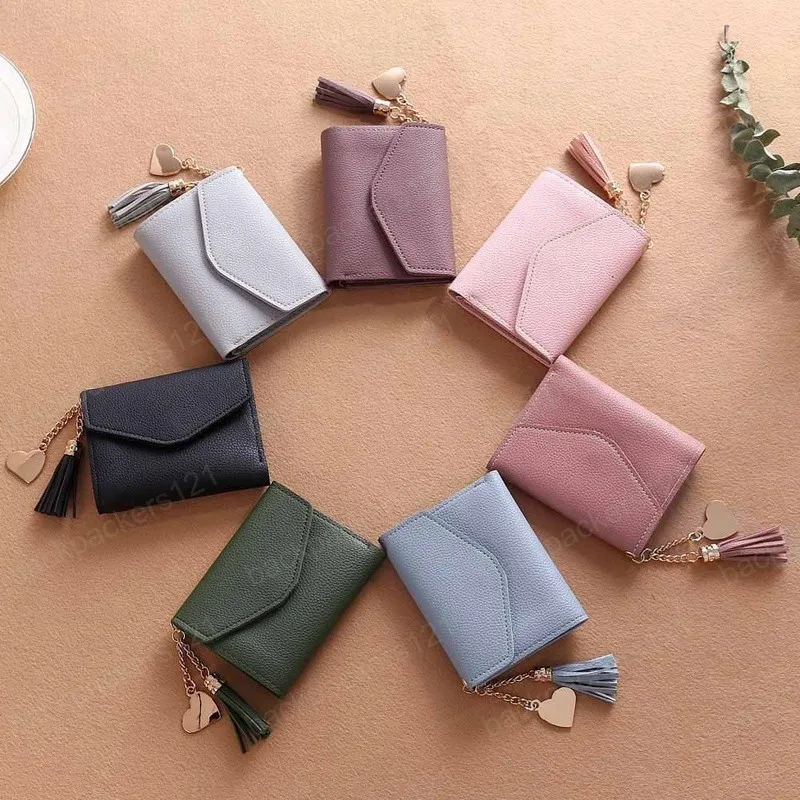 Korean Wallet For Womans Card Bag Cute Student Tassel Pendant Coin Purse Envelope Buckle Tri-Fold PU Short Wallets