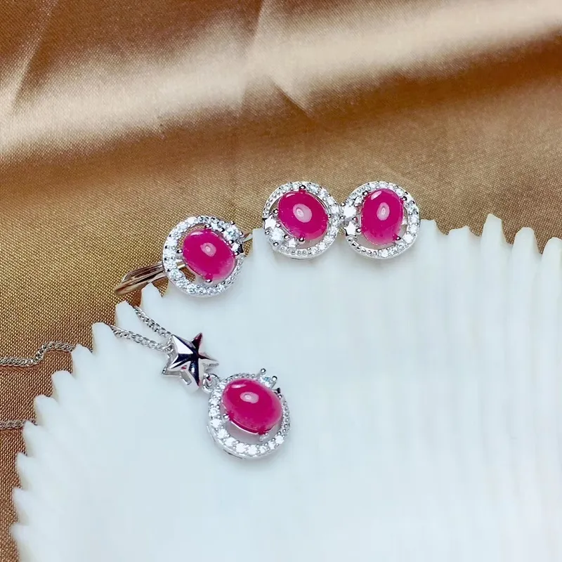 Leuke 106ct Natural Sets voor Vrouwen Verjaardag Geschenken S925 Silver Real 5 * 7mm Ruby edelstenen fijne sieraden