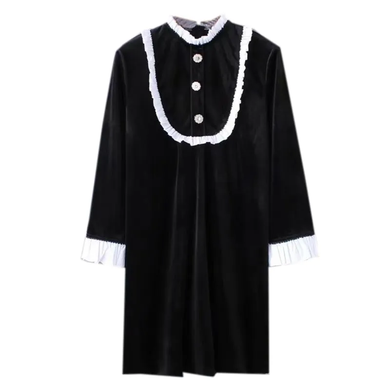 Black Vintage Stand Collar Wrist Sleeve Short Elegant Dress Autumn Straight Velvet Retro Button Ruffle D0835 210514