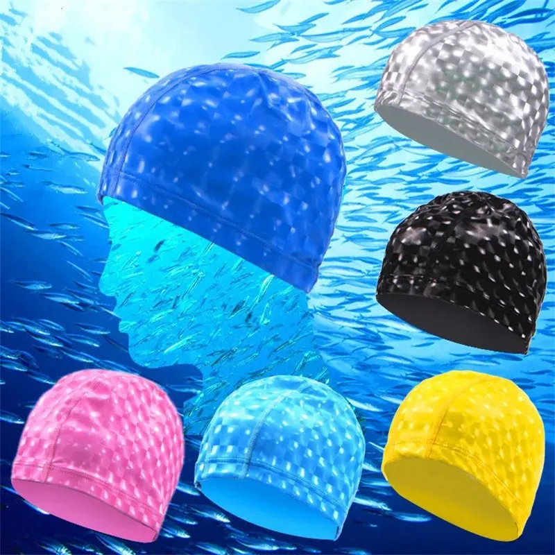Crystal Water Cube Grids PU Beläggning Tyg Vattentät Öra Långt Hårskydd Swim Pool Swimming Water Caps Hat för män Kvinnor 1230 Z2