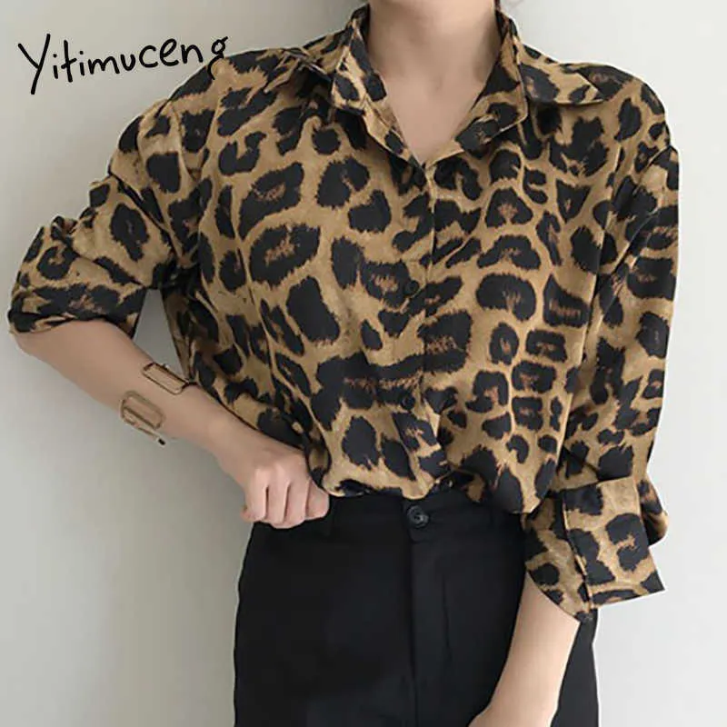 Yitimuceng Leopard Bluzka Women Button Up Vintage Casual Oversize Koszule Z Długim Rękawem Wiosna Summer Koreański Moda Topy 210601