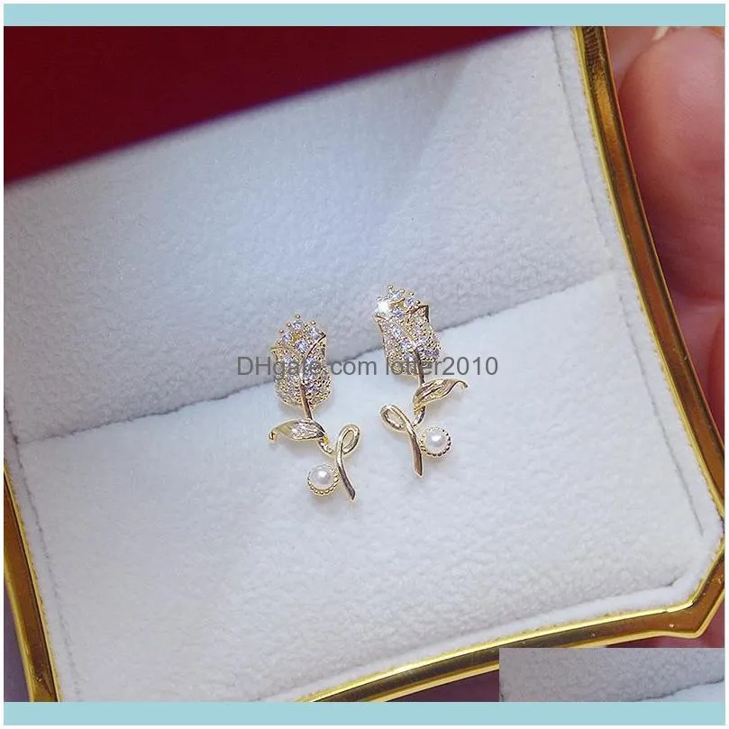 Korea Selling Fashion Jewelry 14K Real Gold Plating Copper Zircon Earrings Elegant Tulip Women`s Wedding Party Stud