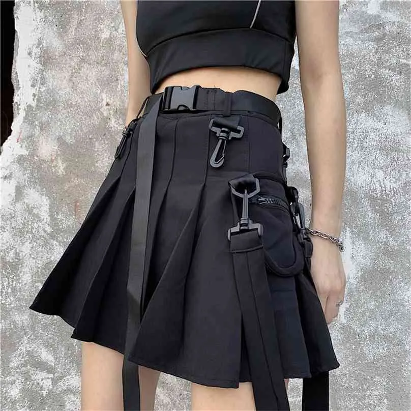 Gotisk punk hög midja vintage casual mode kvinnor pocket sommar hip hop hajuku a-line cargo vanlig pläterad kjol 210629