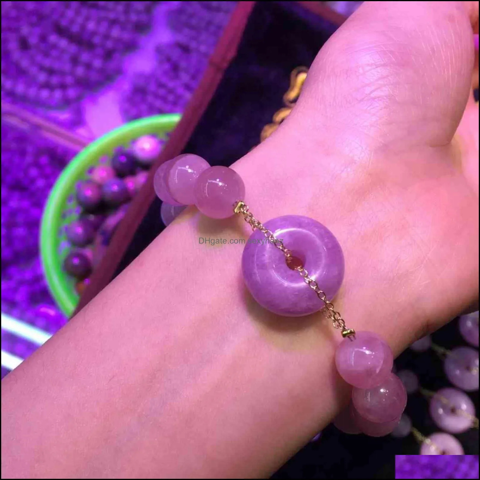 Old mineral horse powder crystal jelly ball 14K gold wrapped woven bracelet with purple lithium Hui Ping`an buckle accessories