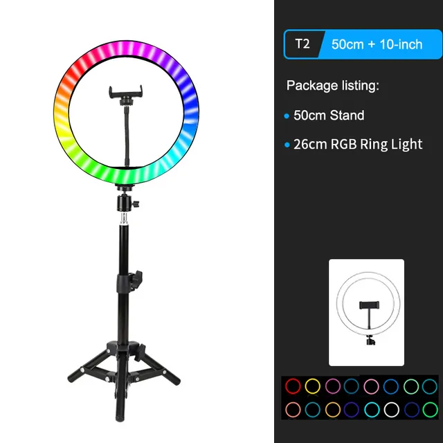 10 "RGB светодиодный кольцевой свет Selfie фотографический освещение красочные кольцевые лампы диммируются с контрольной подставкой для Tiktok YouTube VLOG Live