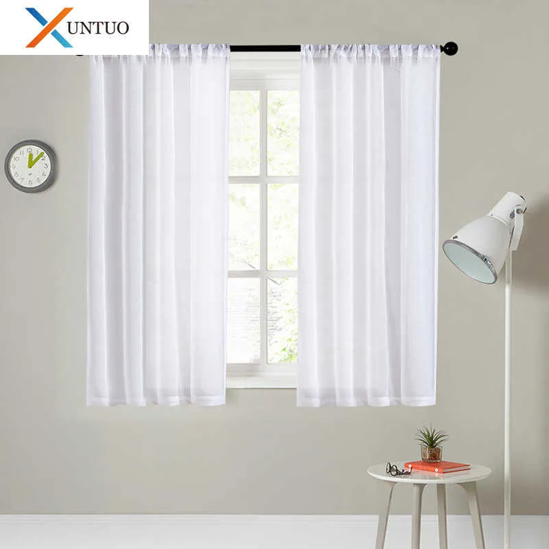 Xuntuo moderno curta curta cortina para cozinha meia janela sala de estar sólido voile cortina quarto decoração de casa tule drappe 210712