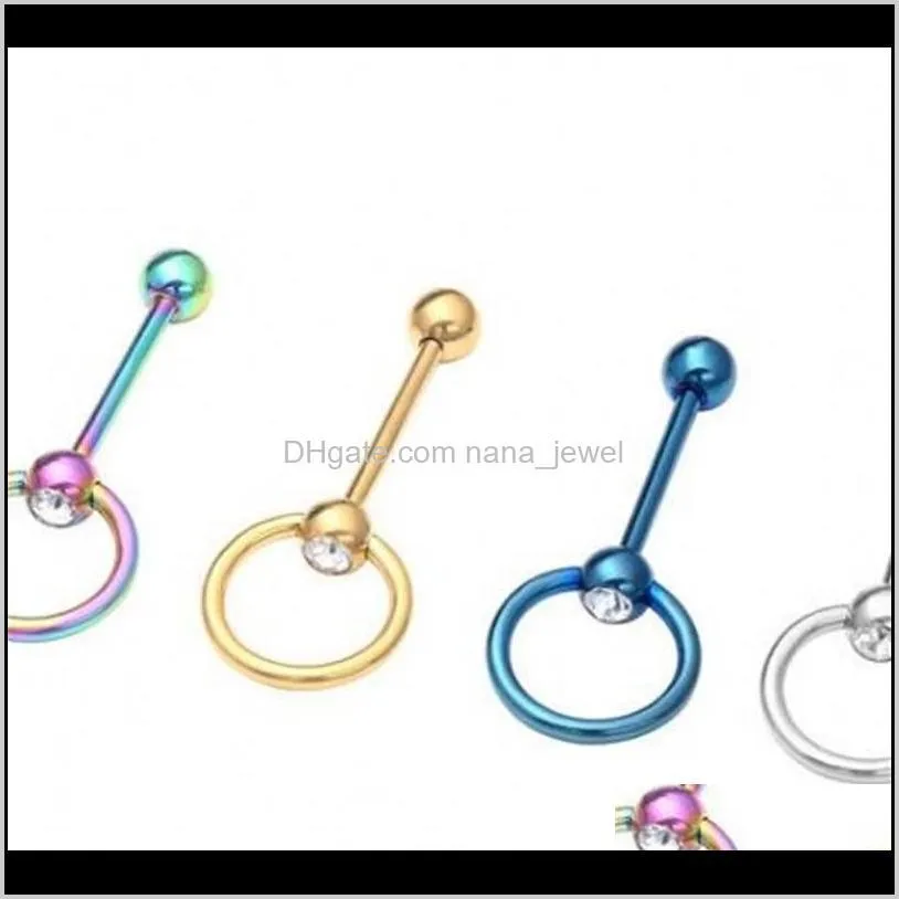 Inlay Rhinestone Breast Ring Men Women Medical Stainless Steel Tongue Nail Fashion Piercing Jewelry Europe America Multicolor wjl1367