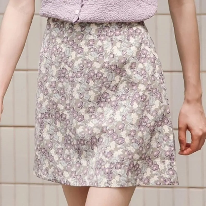 スカート2021サマーベーシックスカートレトロフローラルデザイン薄いハイウエストジッパーAラインプリントオフィスレディコットン女性服