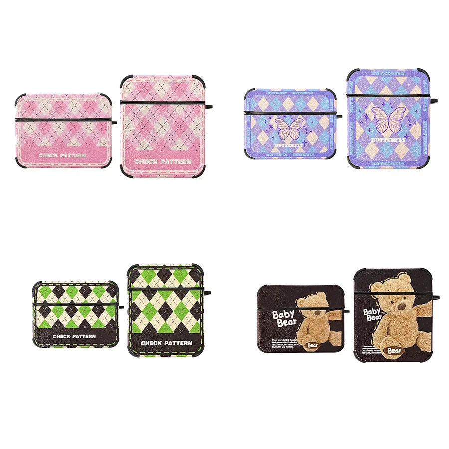 AirPods 1 2 Pro Case Pink Green Retro Plaids resväska Söt tecknad docka Bear Lovely Purple Butterfly Earphone Fall för Bluetooth Earphone Cover med Hook High Quality