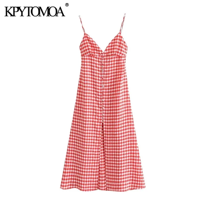 Women Chic Fashion With Buttons Plaid Midi Dress Backless Bow Tied Thin Straps Female Dresses Vestidos 210420