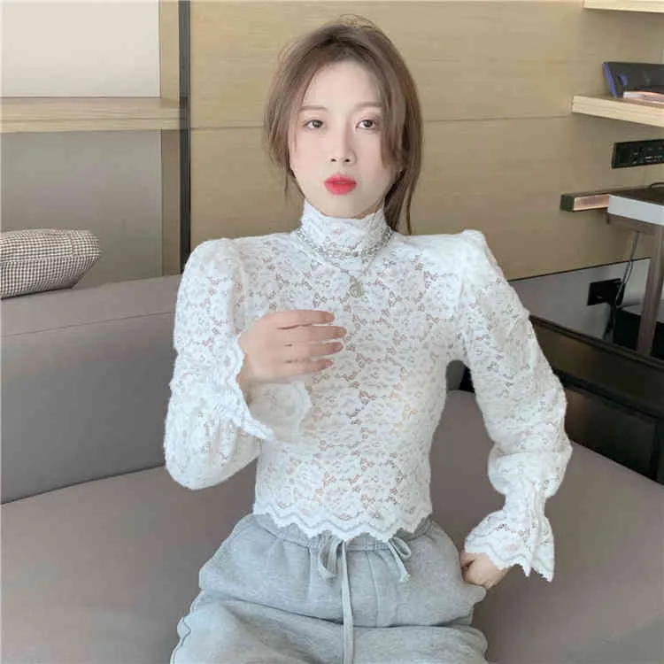 White Lace Puff Sleeve Blouse With Floral Accents Casual Lace