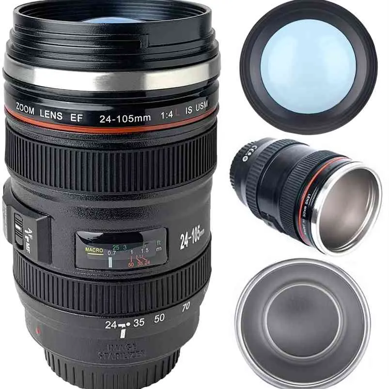 Tasse Café Objectif Appareil Photo 350ml - Acier Inox + Couvercle - Cadeau Photographe Original