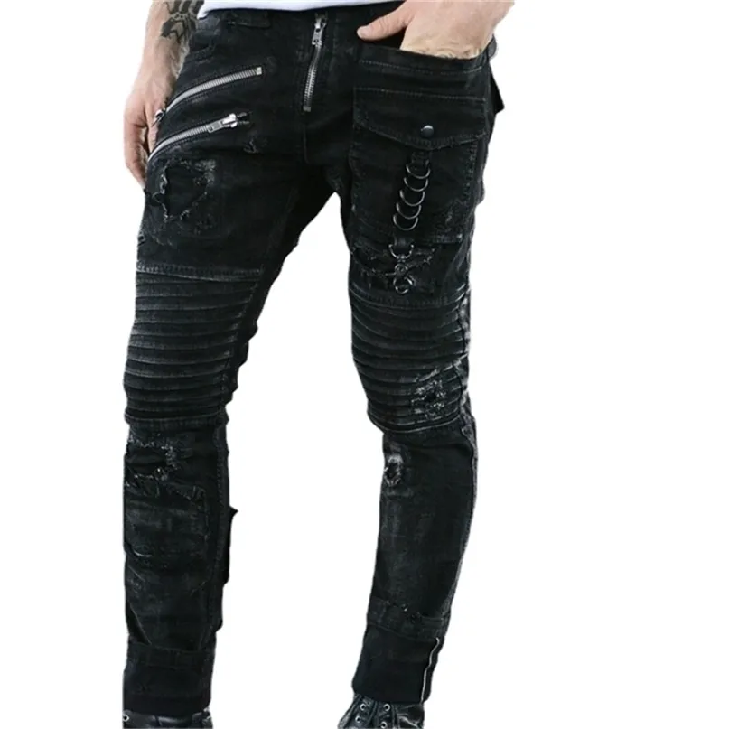 Jeans para hombres Low Rise Ripped Múltiples cremalleras Casual Tight Black Lápiz Denim Pantalones Vintage Gothic Punk Estilo Pantalones 211108