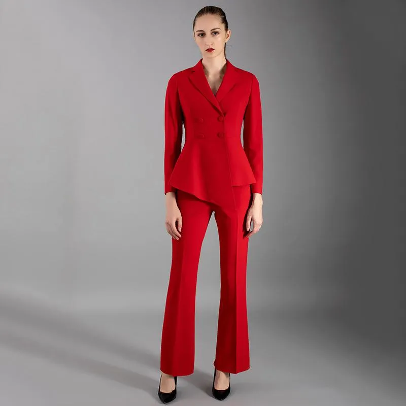 Women's Suit Fashion Slim High-end Set Red Double-breasted Irregular 2 Piece Trouser Female Recommend Two Pants