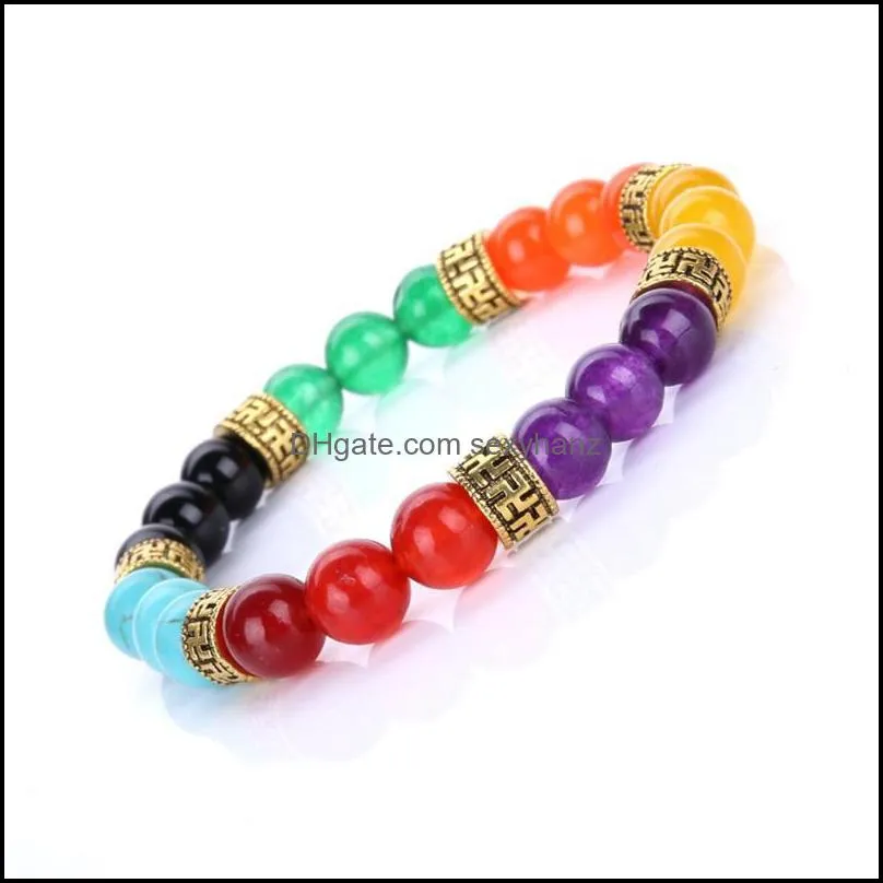 Natural Stone Seven Chakras Strand 8mm Purple Red Yellow Black Colorful Rainbow Beads Bracelet Buddha Stretch Yoga Men Jewelry Beaded,